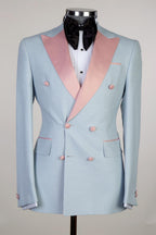 Sky Blue Double Breasted Pink Peaked Lapel Men Suits