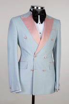 Sky Blue Double Breasted Pink Peaked Lapel Men Suits