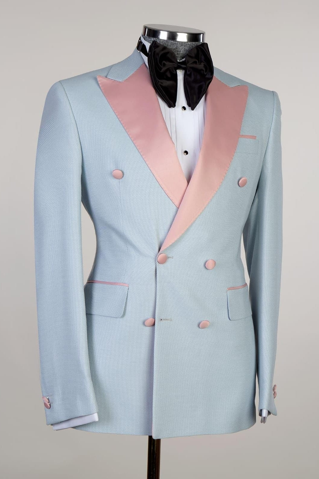 Sky Blue Double Breasted Pink Peaked Lapel Men Suits