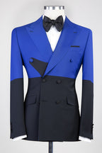 Blue And Black Double Breasted Peaked Lapel Men Suits