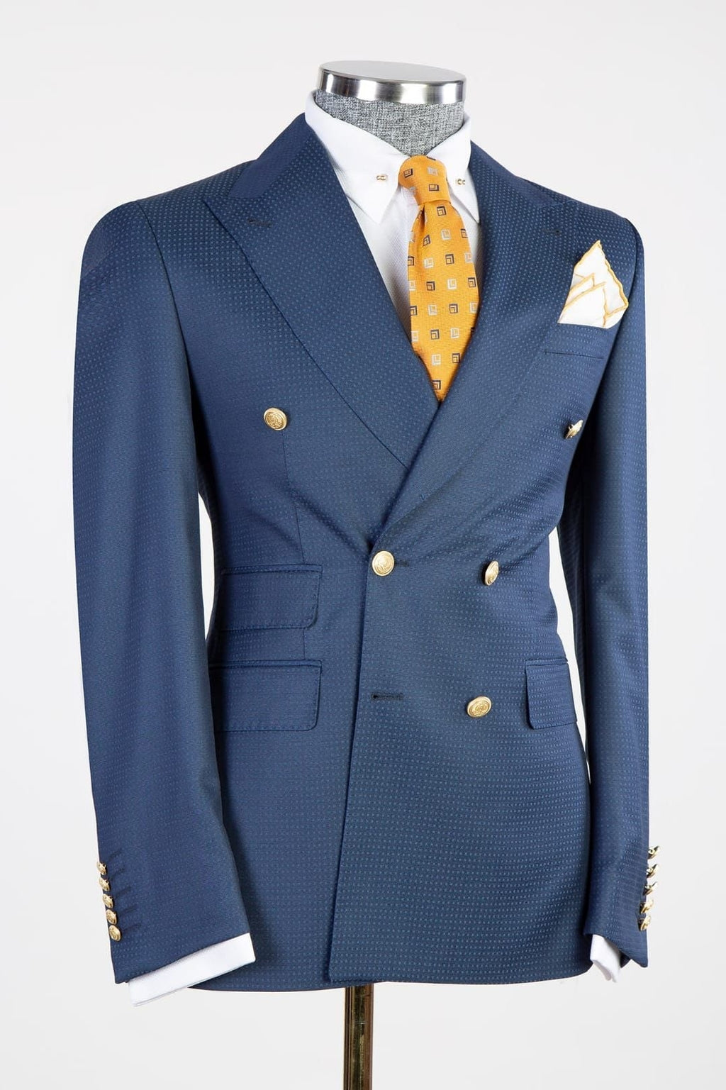 Chic Navy Blue Dot Peaked Lapel Double Breasted Men Suits