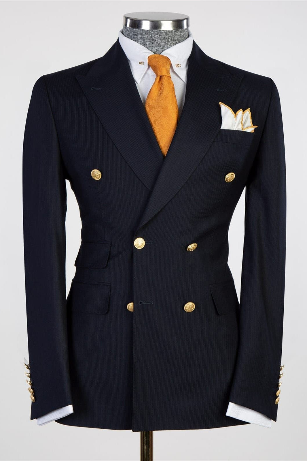 Black Striped Peaked Lapel Double Breasted Men Suits Main image