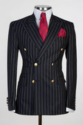Handsome Black Striped Peaked Lapel Double Breasted Men Suits