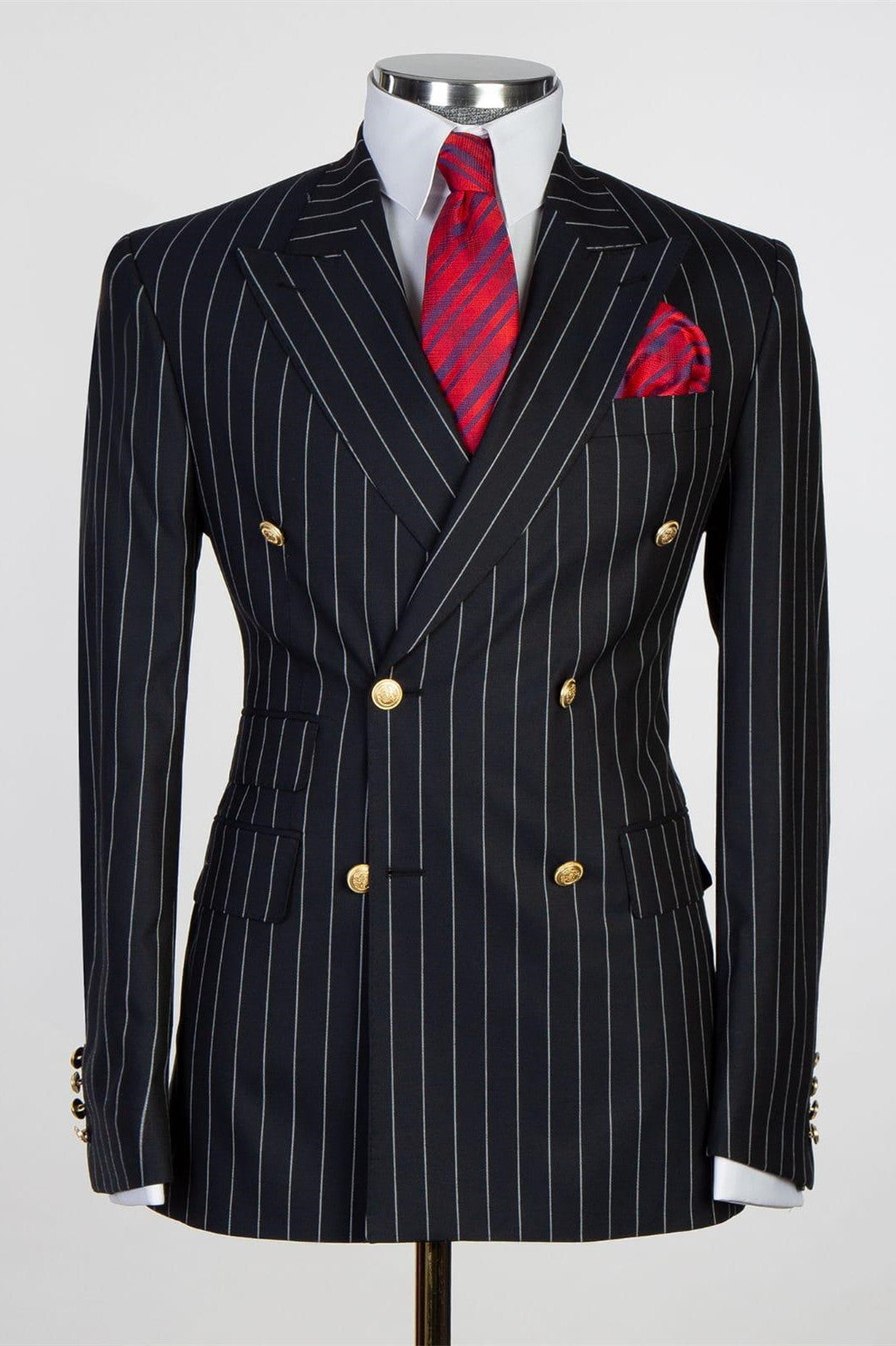 Handsome Black Striped Peaked Lapel Double Breasted Men Suits