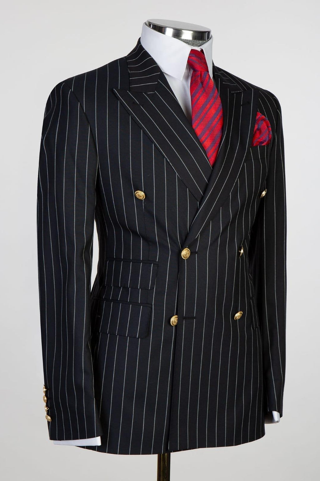 Handsome Black Striped Peaked Lapel Double Breasted Men Suits