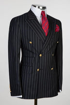 Handsome Black Striped Peaked Lapel Double Breasted Men Suits