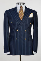 Dark Blue Striped Peaked Lapel Double Breasted Men Suits