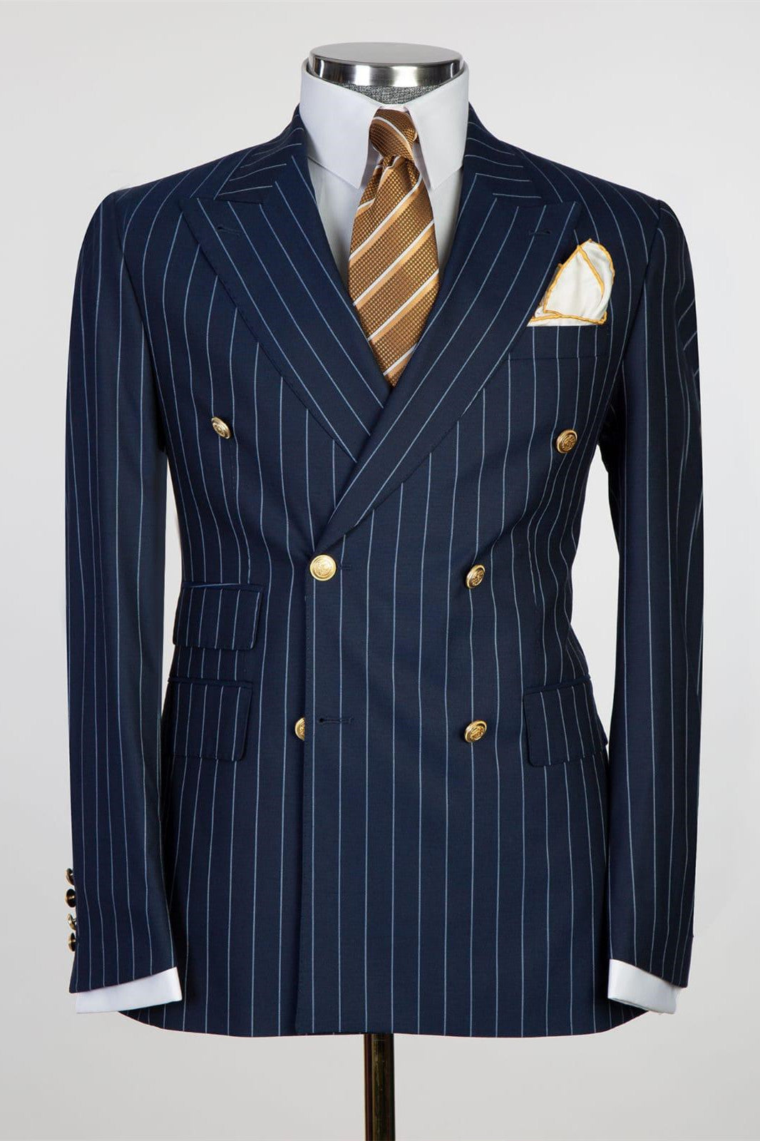 Dark Blue Striped Peaked Lapel Double Breasted Men Suits