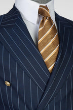 Dark Blue Striped Peaked Lapel Double Breasted Men Suits