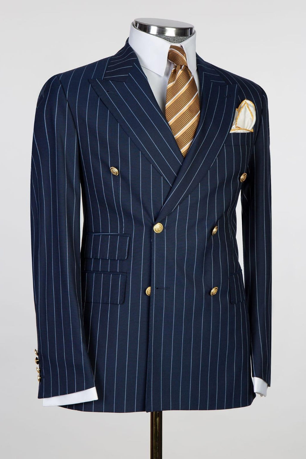 Dark Blue Striped Peaked Lapel Double Breasted Men Suits
