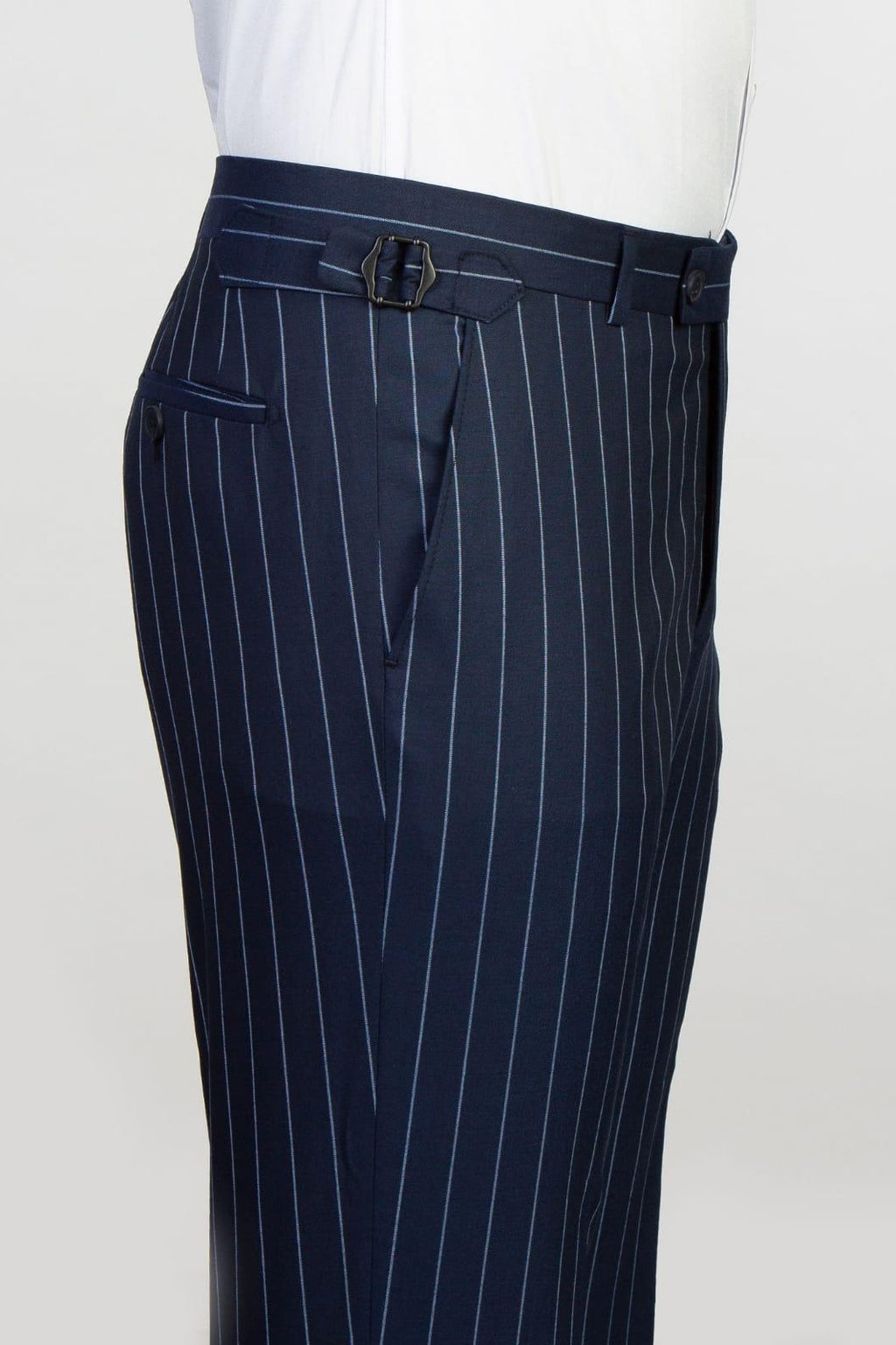 Dark Blue Striped Peaked Lapel Double Breasted Men Suits