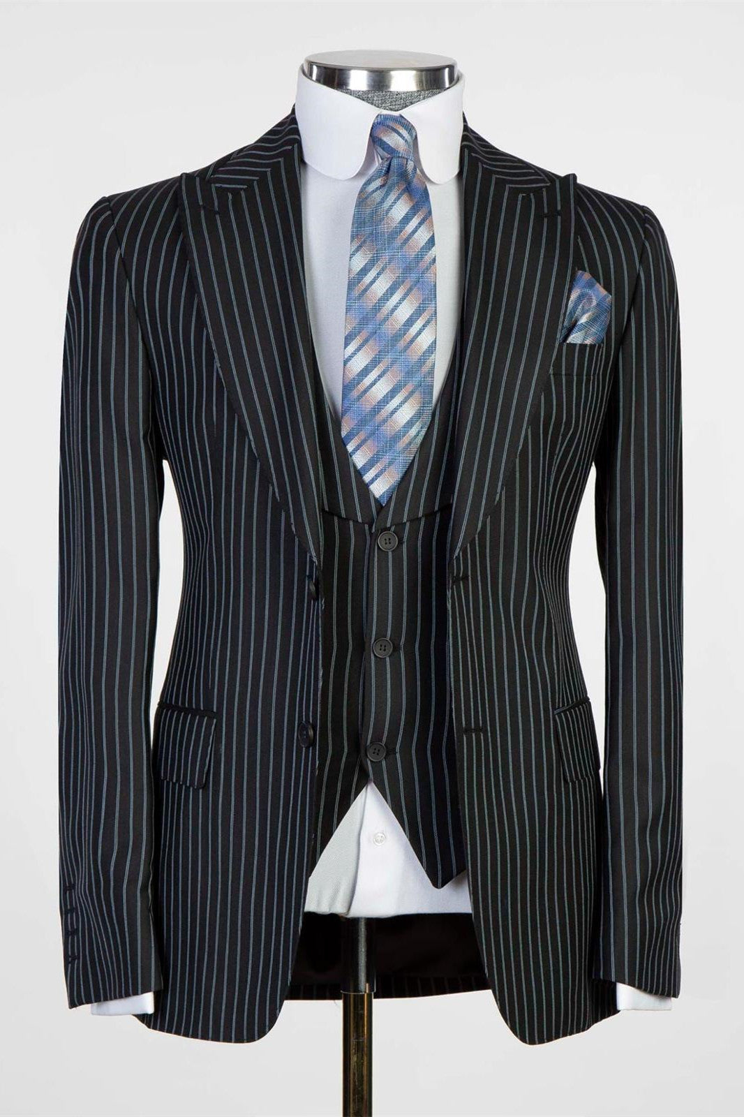 3 Piece Black Striped Peaked Lapel Men Suits Main image