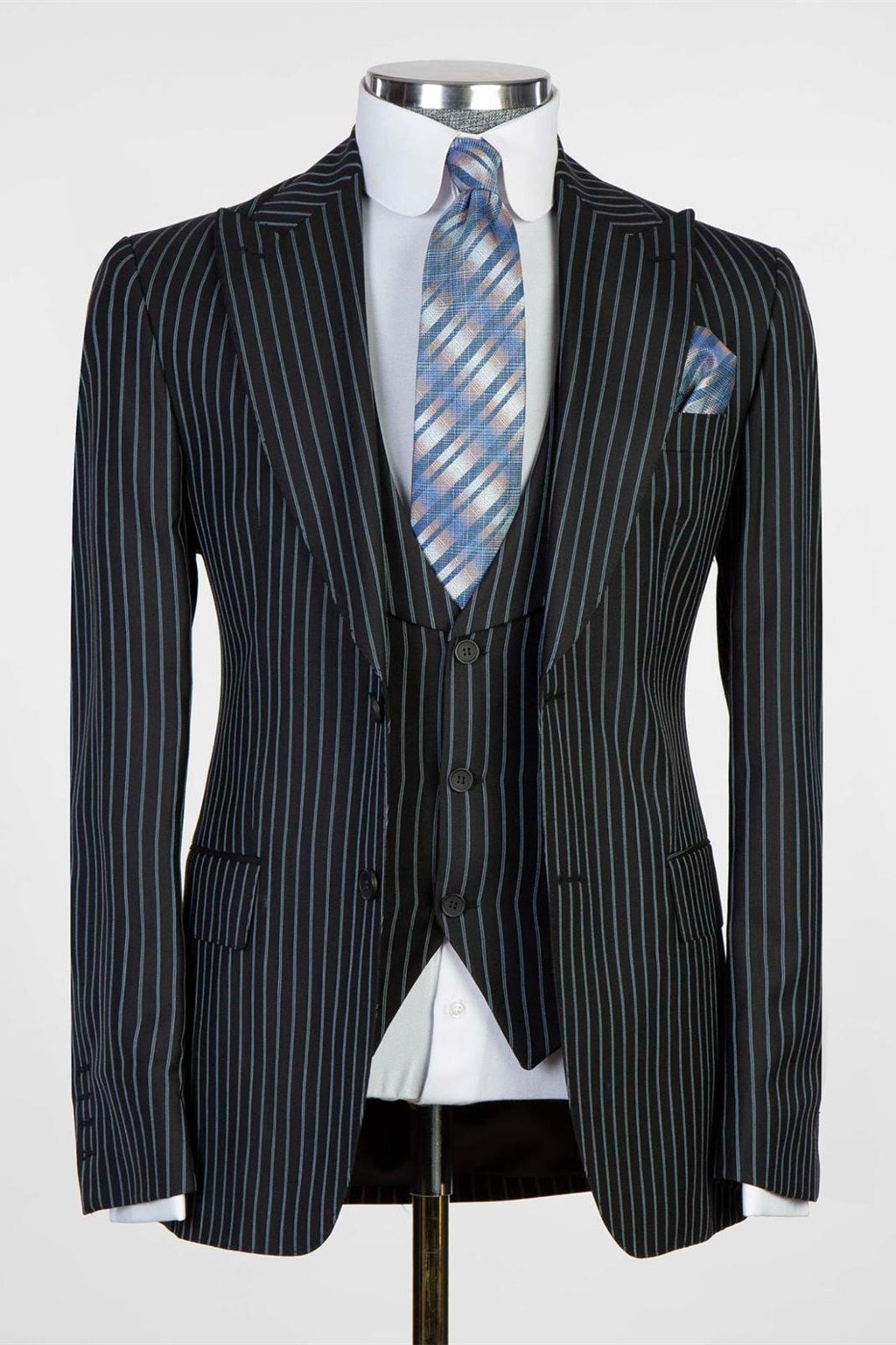 3 Piece Black Striped Peaked Lapel Men Suits