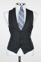 3 Piece Black Striped Peaked Lapel Men Suits