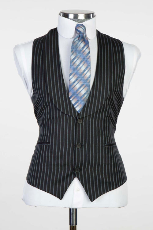 3 Piece Black Striped Peaked Lapel Men Suits
