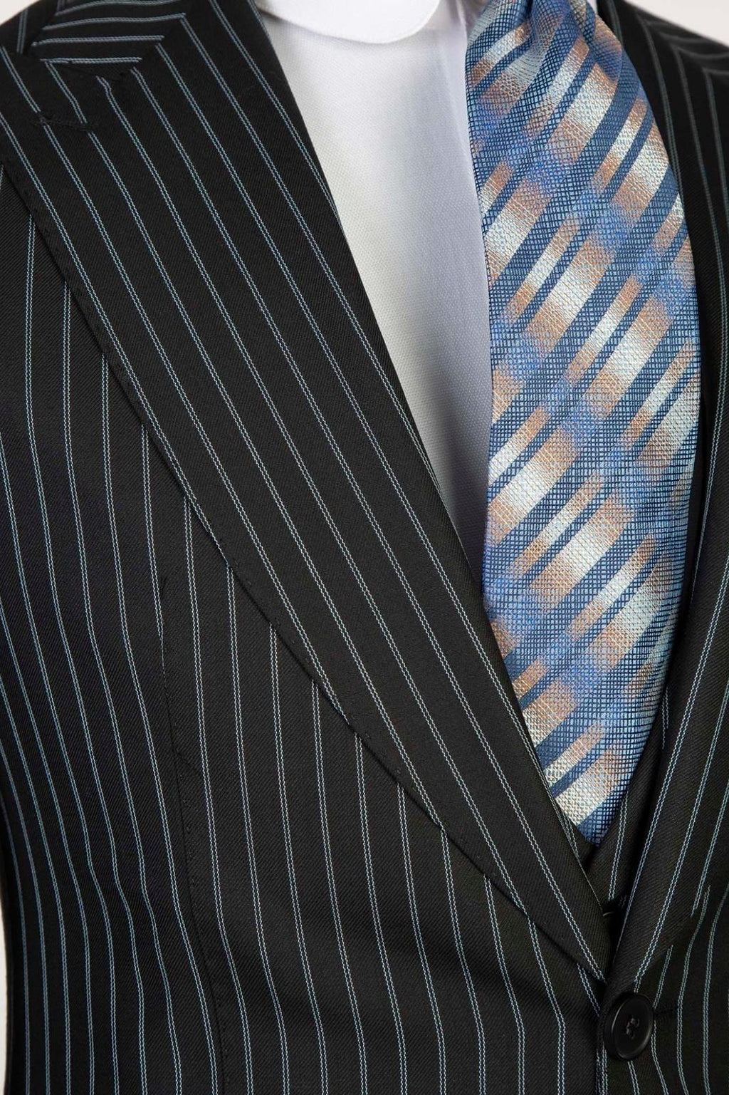 3 Piece Black Striped Peaked Lapel Men Suits