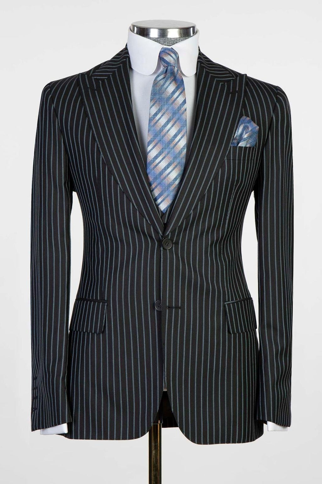 3 Piece Black Striped Peaked Lapel Men Suits