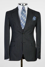 3 Piece Black Striped Peaked Lapel Men Suits