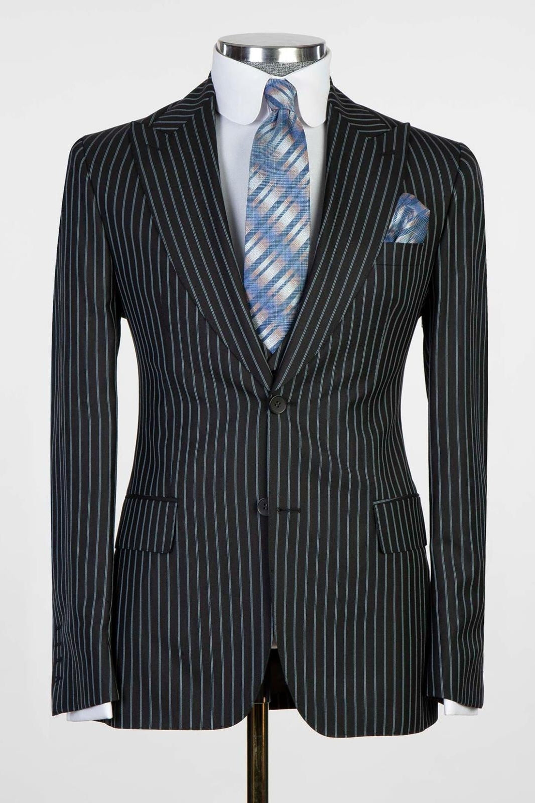 3 Piece Black Striped Peaked Lapel Men Suits