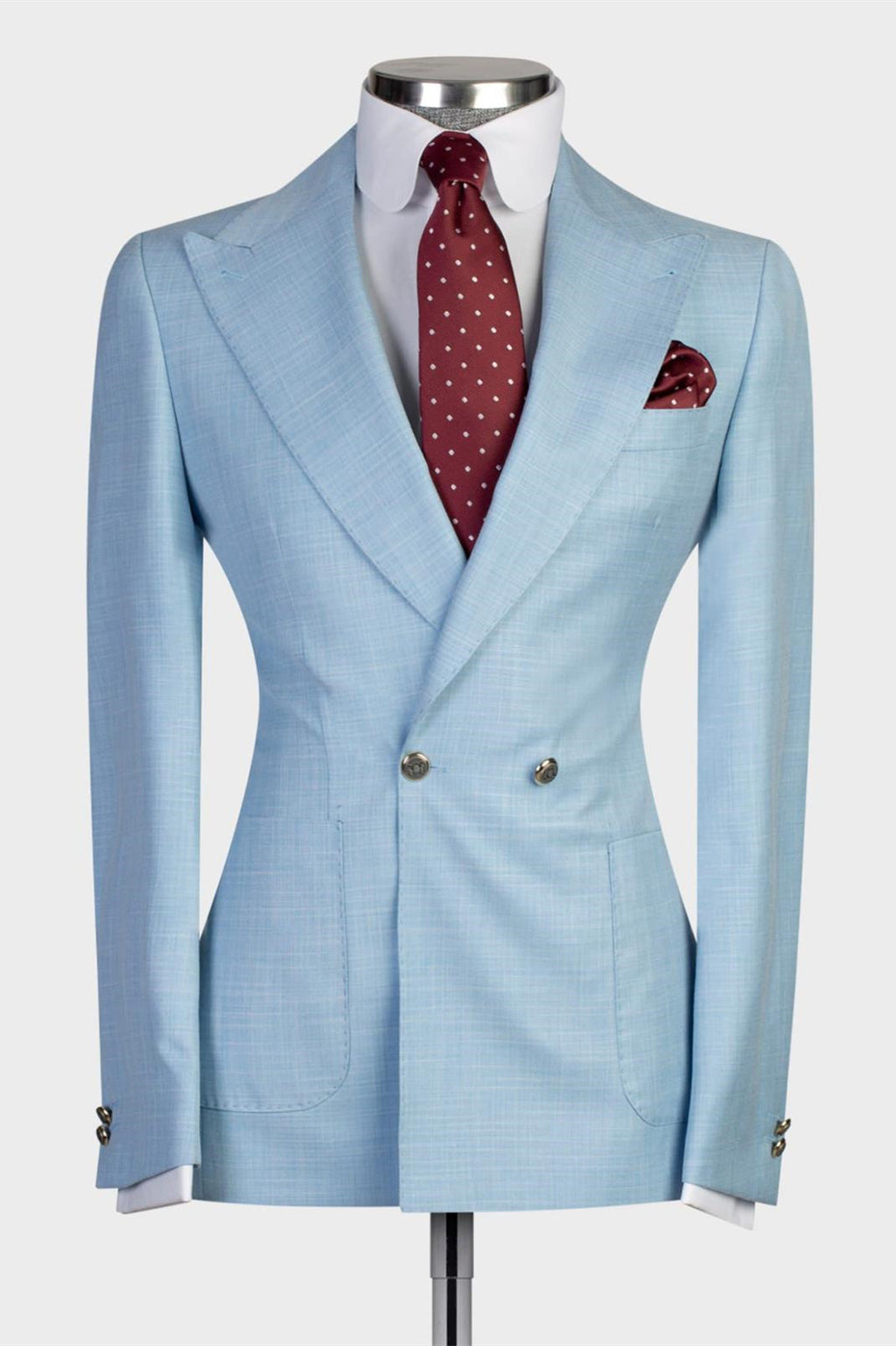 Chic Light Blue Peaked Lapel Double Breasted Men Suits