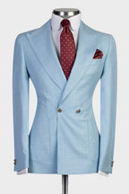 Chic Light Blue Peaked Lapel Double Breasted Men Suits