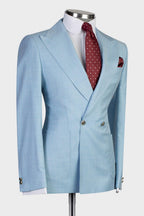 Chic Light Blue Peaked Lapel Double Breasted Men Suits