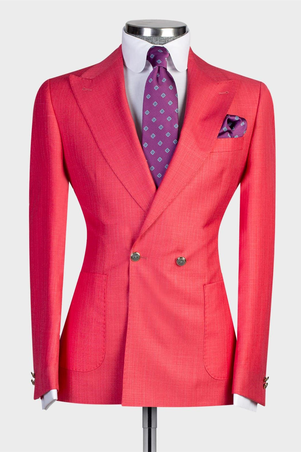 Coral Red Peaked Lapel Double Breasted Men Suits