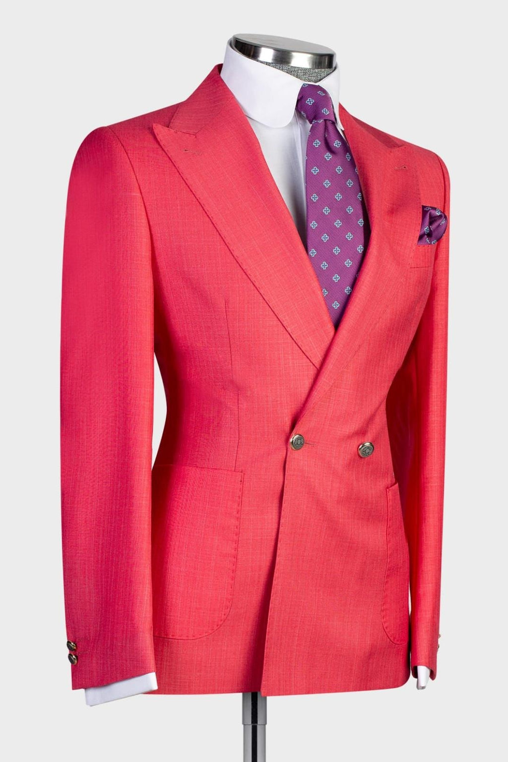 Coral Red Peaked Lapel Double Breasted Men Suits