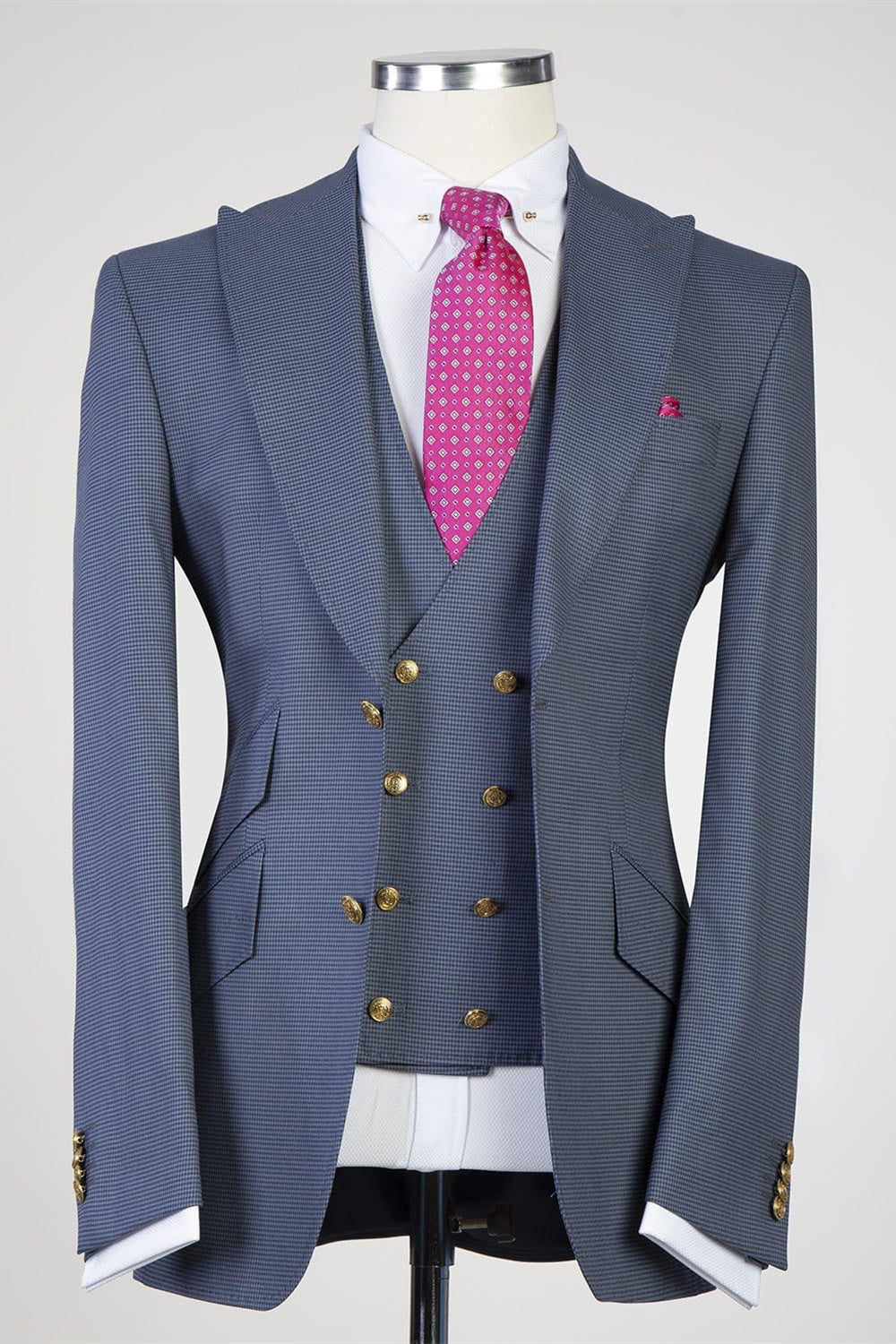 Slate Blue Plaid 3 Piece Peaked Lapel Men Suits Main image
