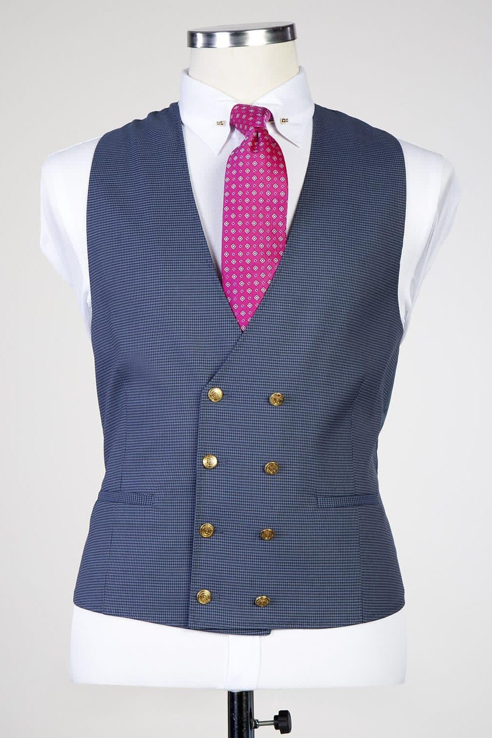 Slate Blue Plaid 3 Piece Peaked Lapel Men Suits Secondary image