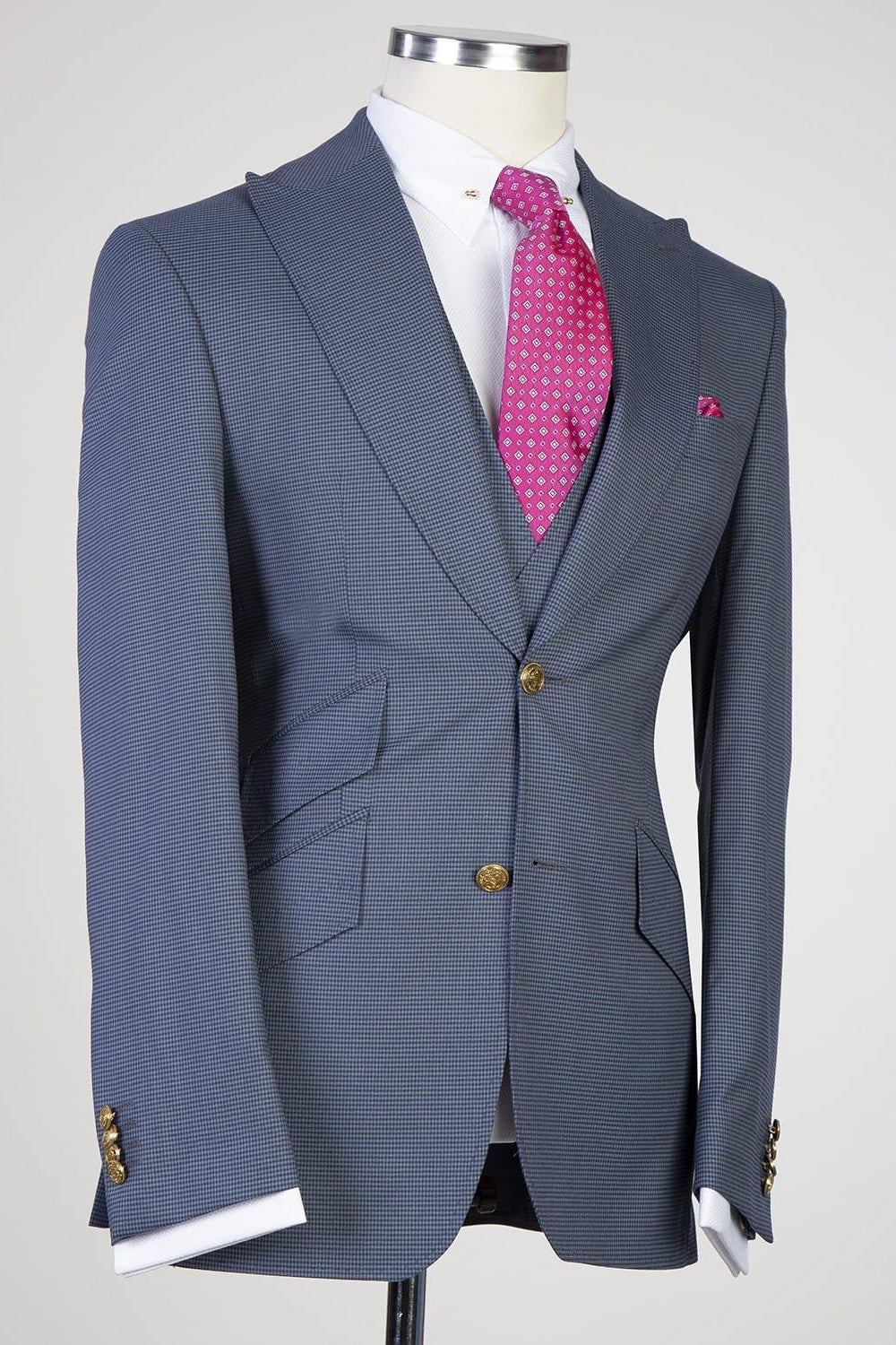 Slate Blue Plaid 3 Piece Peaked Lapel Men Suits