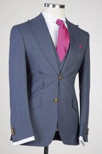 Slate Blue Plaid 3 Piece Peaked Lapel Men Suits