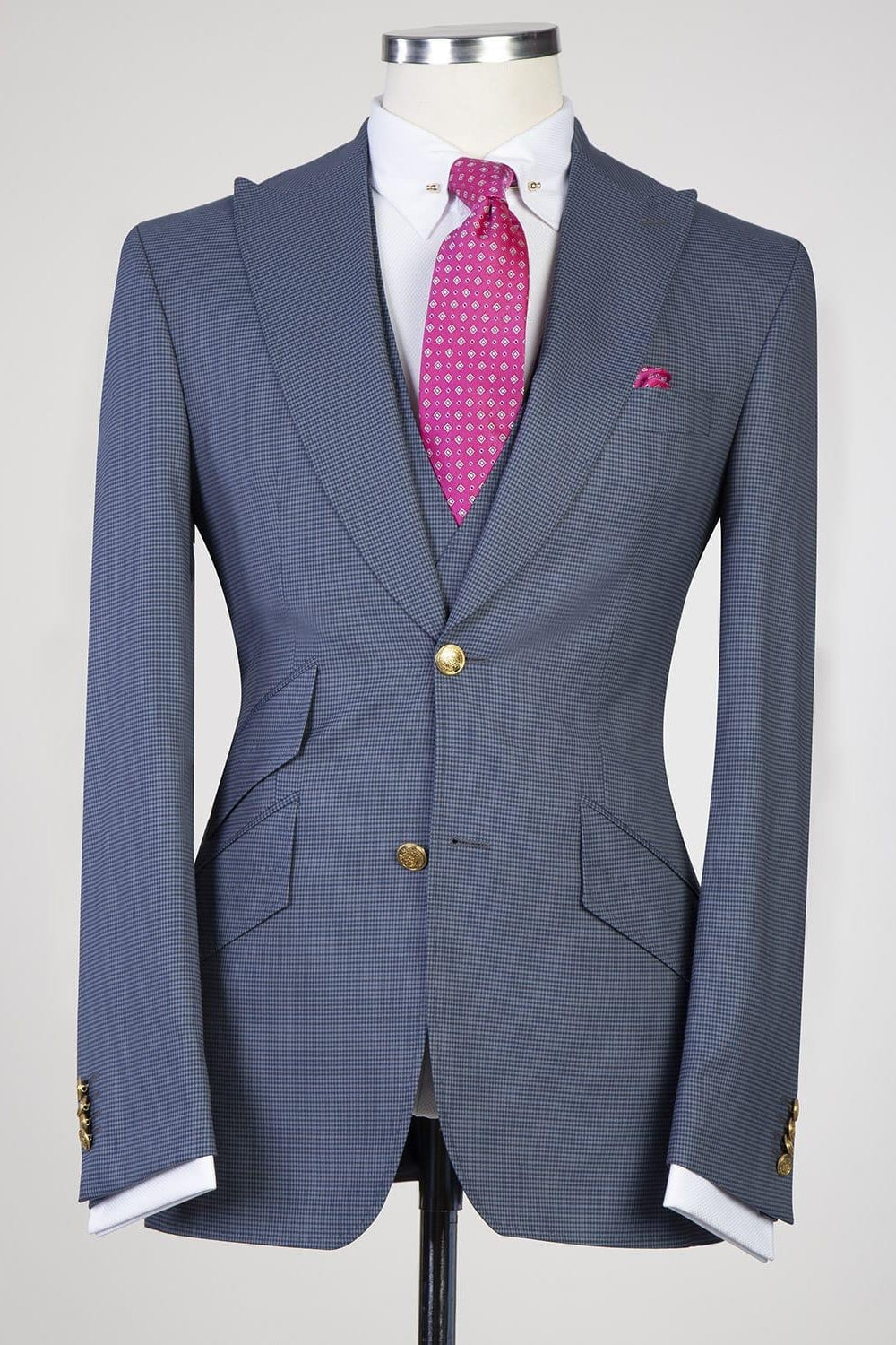 Slate Blue Plaid 3 Piece Peaked Lapel Men Suits
