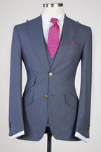 Slate Blue Plaid 3 Piece Peaked Lapel Men Suits
