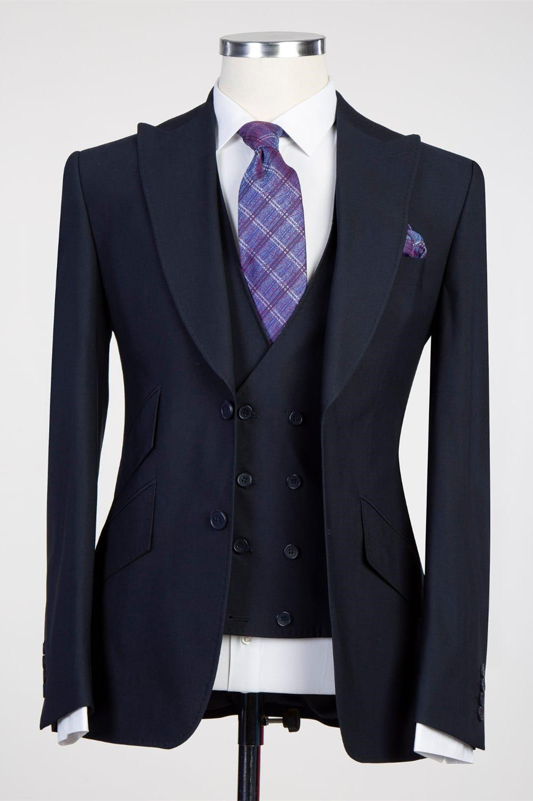 Stylish Dark Navy 3 Piece Peaked Lapel Men Suits Main image