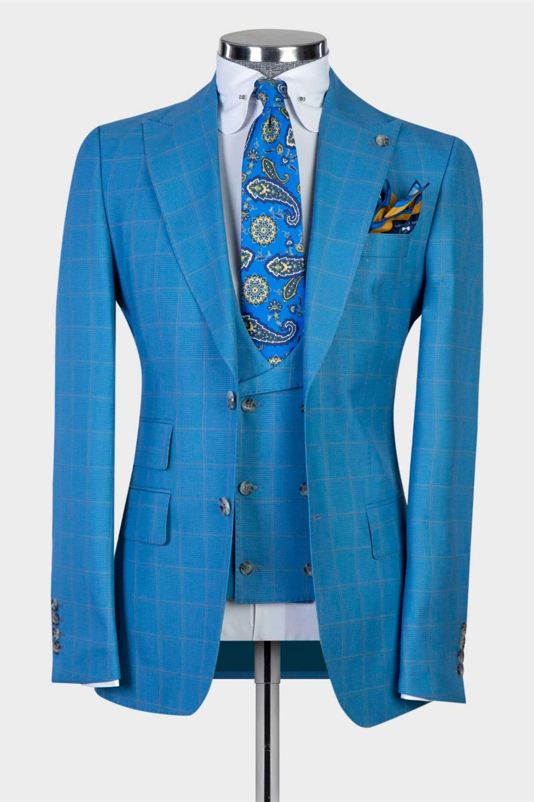Cerulean Blue Plaid Peaked Lapel Men Suits With Waistcoat Main image