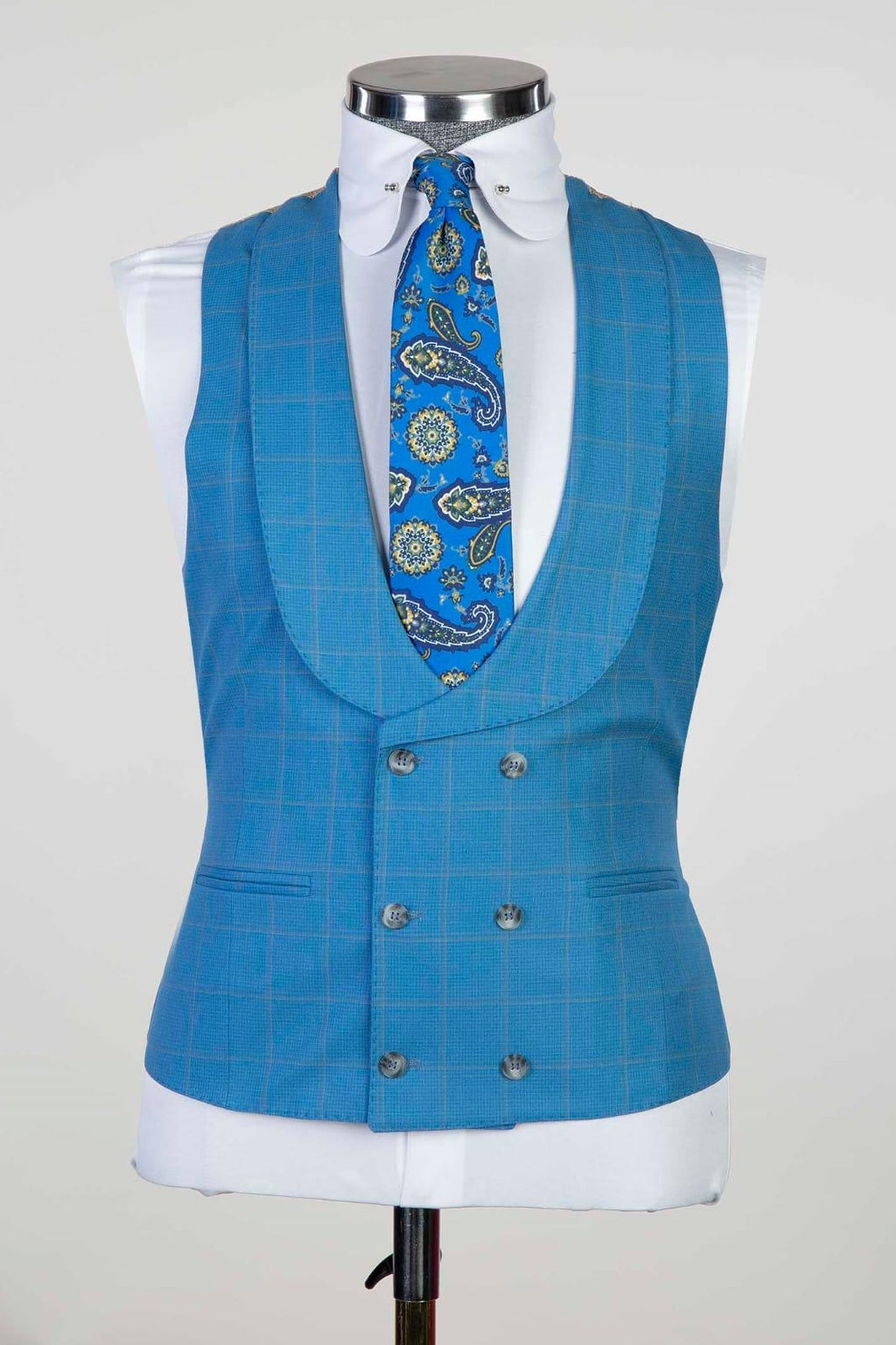Cerulean Blue Plaid Peaked Lapel Men Suits With Waistcoat