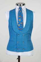 Cerulean Blue Plaid Peaked Lapel Men Suits With Waistcoat