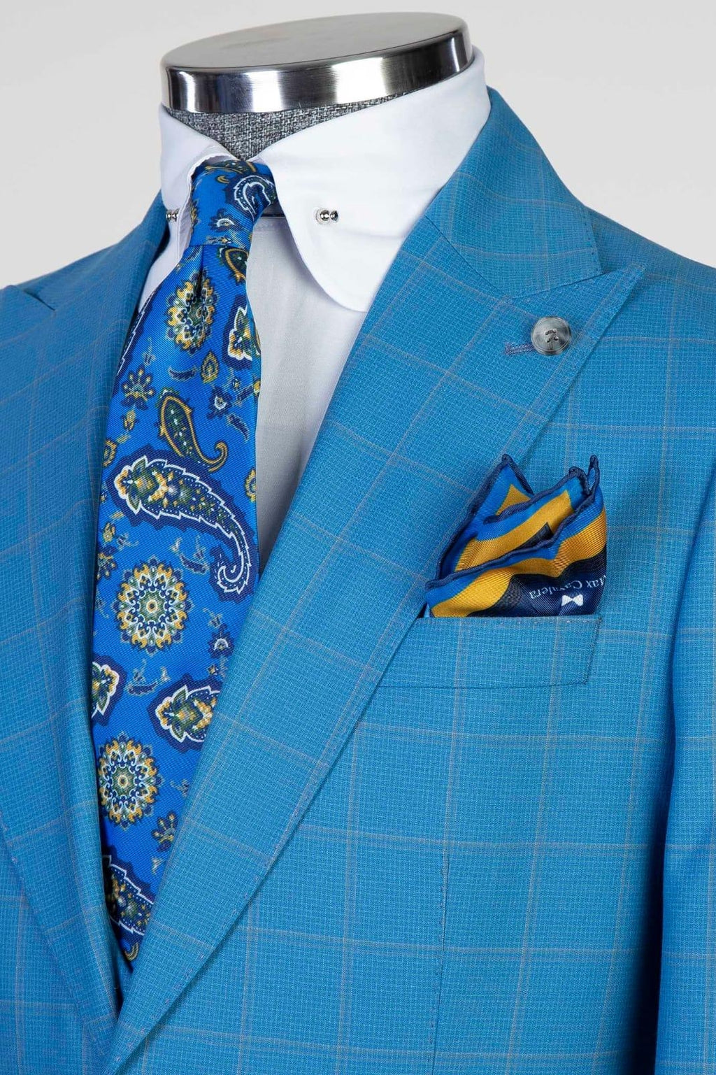 Cerulean Blue Plaid Peaked Lapel Men Suits With Waistcoat