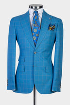 Cerulean Blue Plaid Peaked Lapel Men Suits With Waistcoat