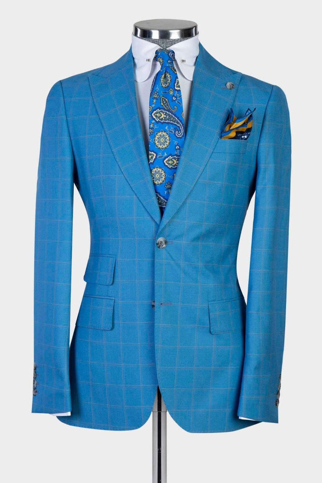 Cerulean Blue Plaid Peaked Lapel Men Suits With Waistcoat
