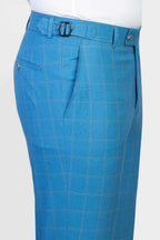 Cerulean Blue Plaid Peaked Lapel Men Suits With Waistcoat