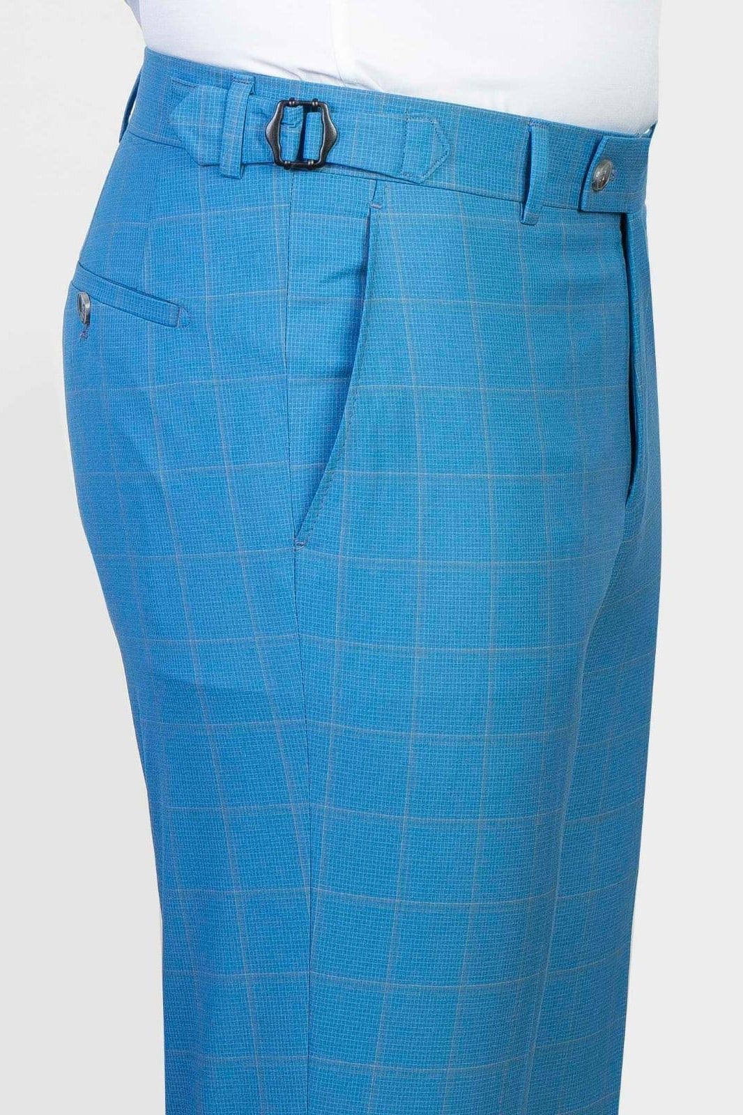 Cerulean Blue Plaid Peaked Lapel Men Suits With Waistcoat