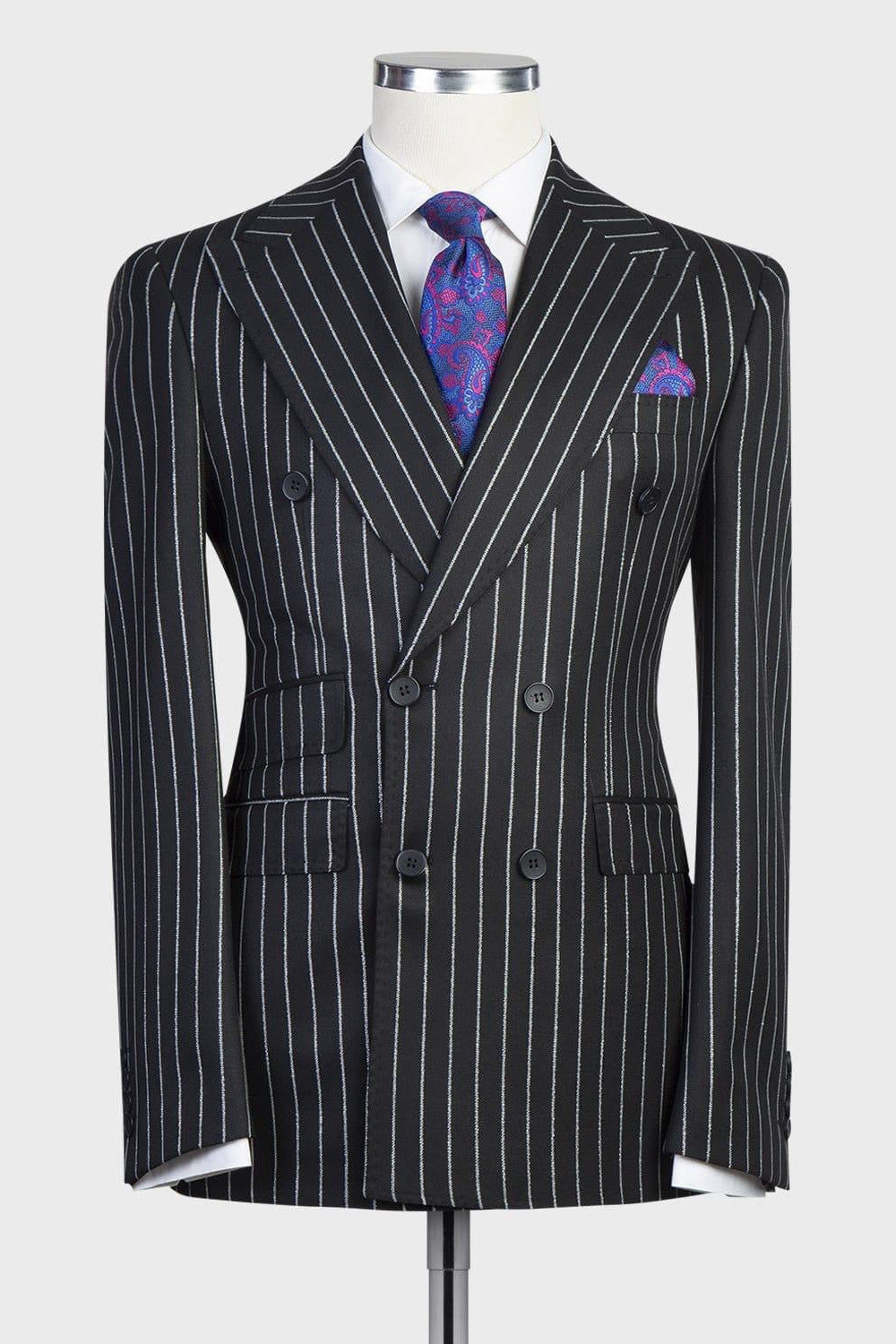 Black Pinstriped Peaked Lapel Double Breasted Men Suits Main image