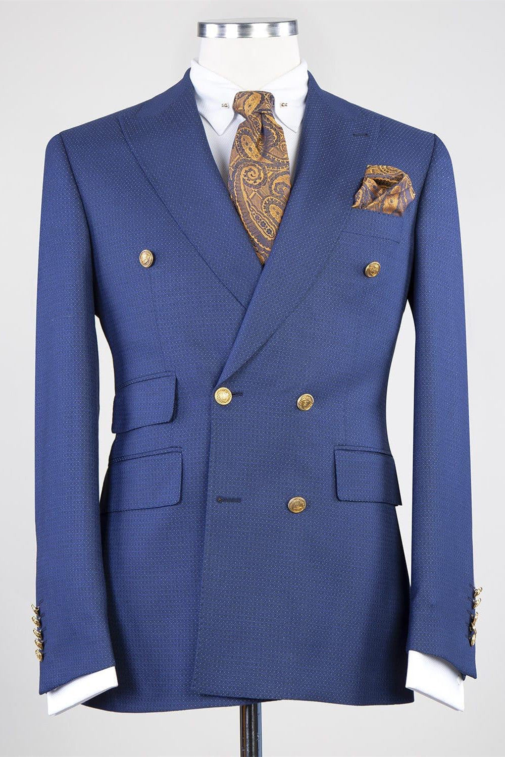 Dark Blue Dot Peaked Lapel Double Breasted Men Suits