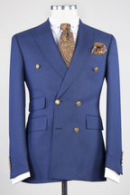 Dark Blue Dot Peaked Lapel Double Breasted Men Suits