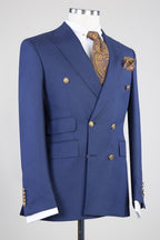 Dark Blue Dot Peaked Lapel Double Breasted Men Suits