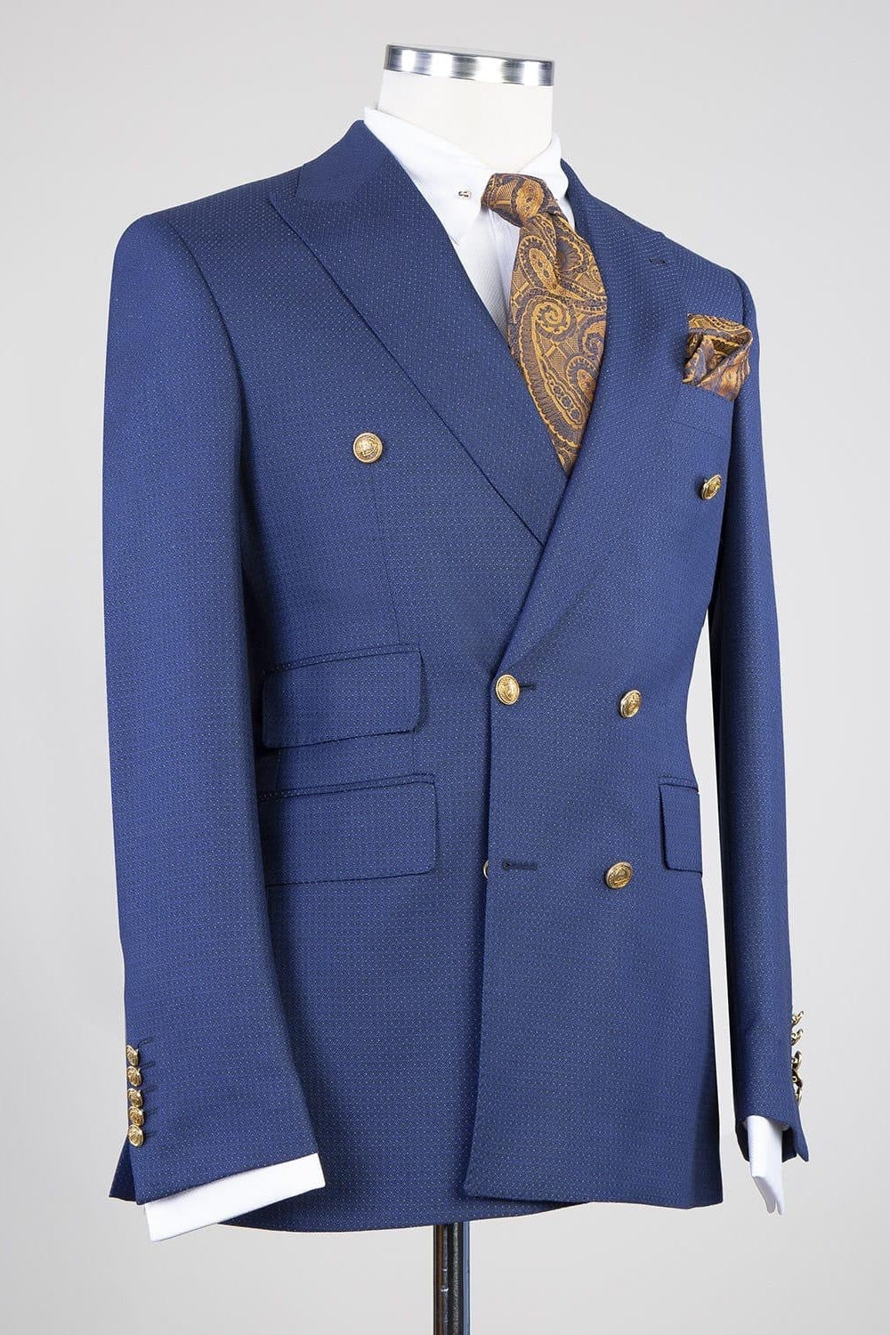 Dark Blue Dot Peaked Lapel Double Breasted Men Suits