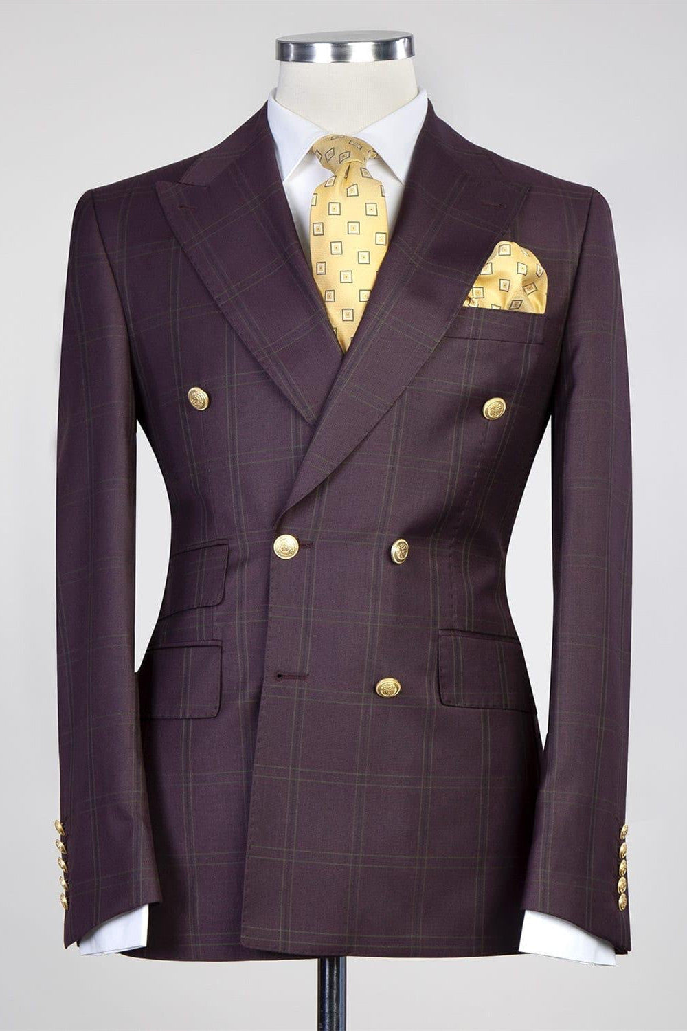 Wine Purple Plaid Peaked Lapel Double Breasted Men Suits