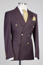 Wine Purple Plaid Peaked Lapel Double Breasted Men Suits